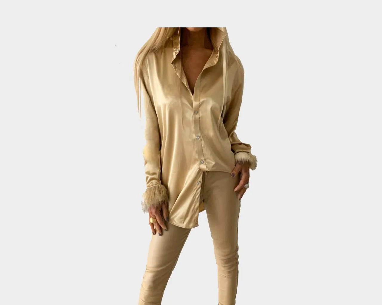 2. Sahara Taupe long Sleeve Dress Shirt Faux Fur Sleeves - The St. Moritz