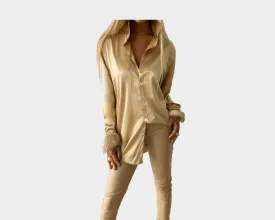 2. Sahara Taupe long Sleeve Dress Shirt Faux Fur Sleeves - The St. Moritz