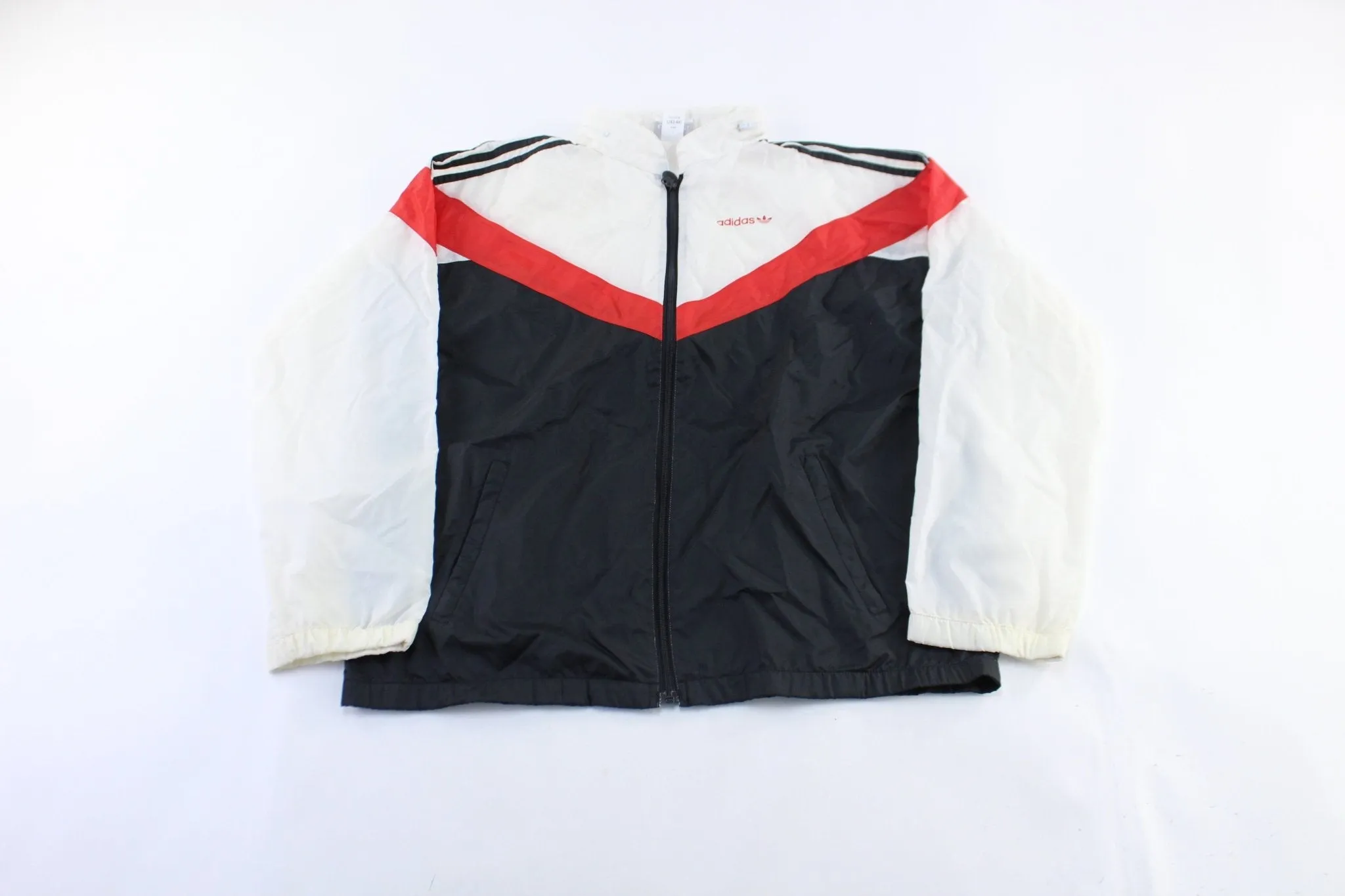 80's Adidas Logo Red, Black, & White Striped Zip Up Jacket