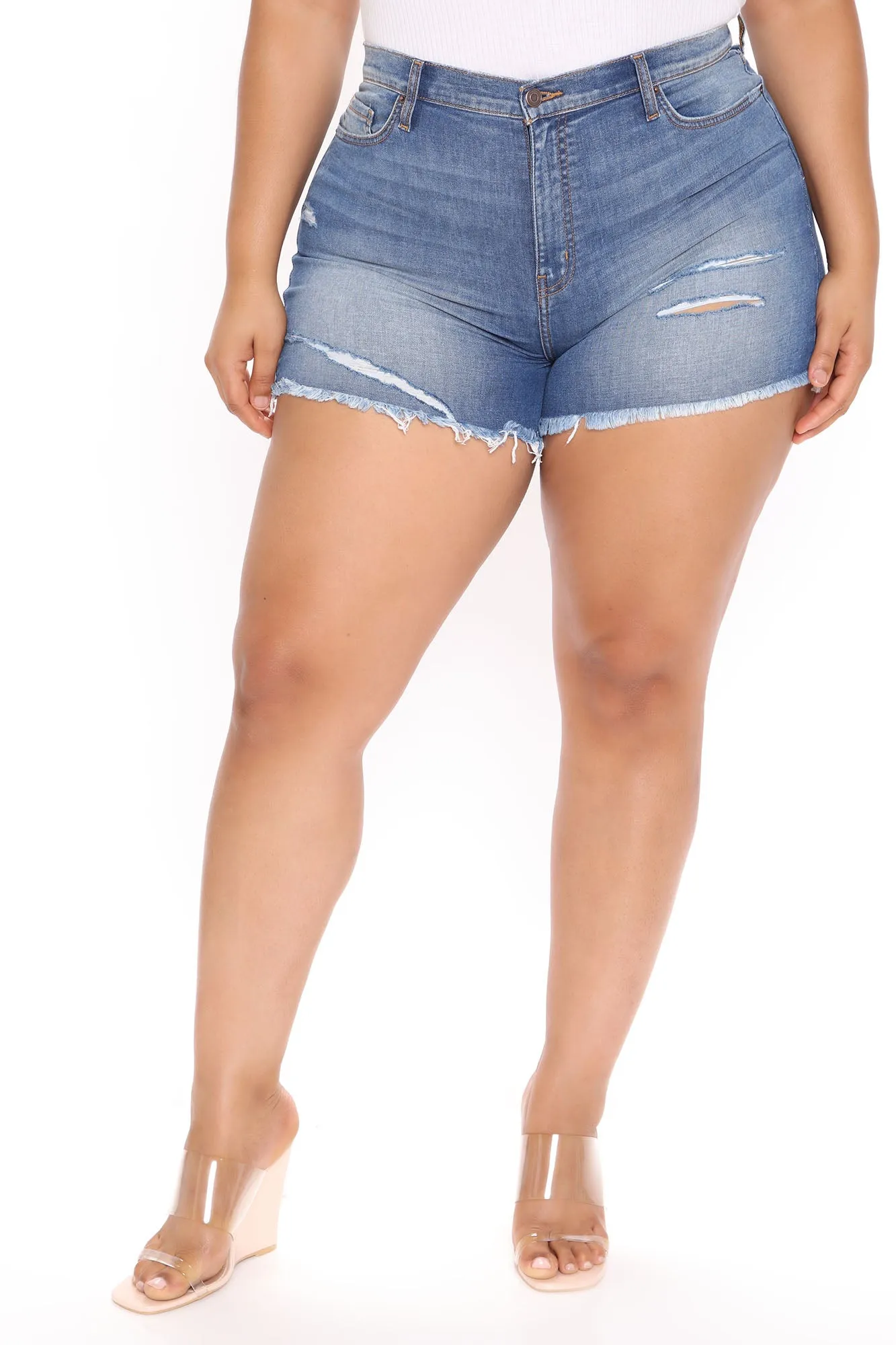 Alabama Ripped Stretch Denim Shorts - Medium Blue Wash