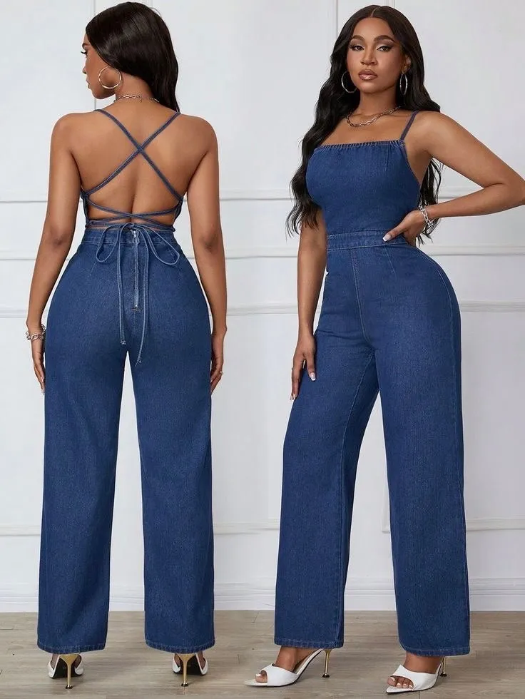 ASOS LACE BACK WIDE LEG DENIM JUMPSUIT