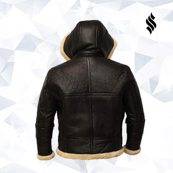 B3 Black Bomber Real Shearling Leather Jacket Removable Hooded