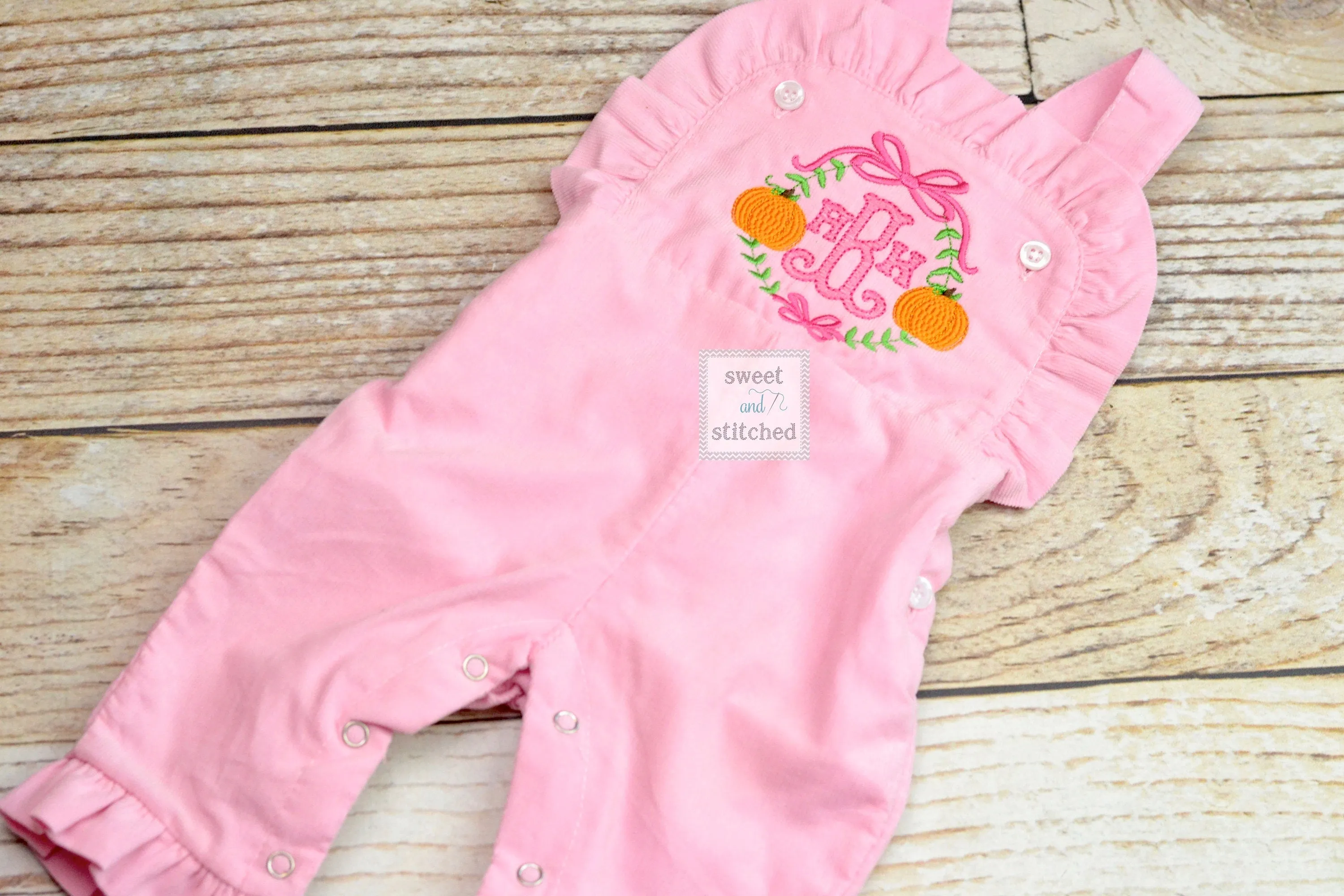 Baby girl monogrammed fall pumpkin overalls with sweet pumpkin monogram frame, monogrammed corduroy overalls, Pink Cord thanksgiving outfit