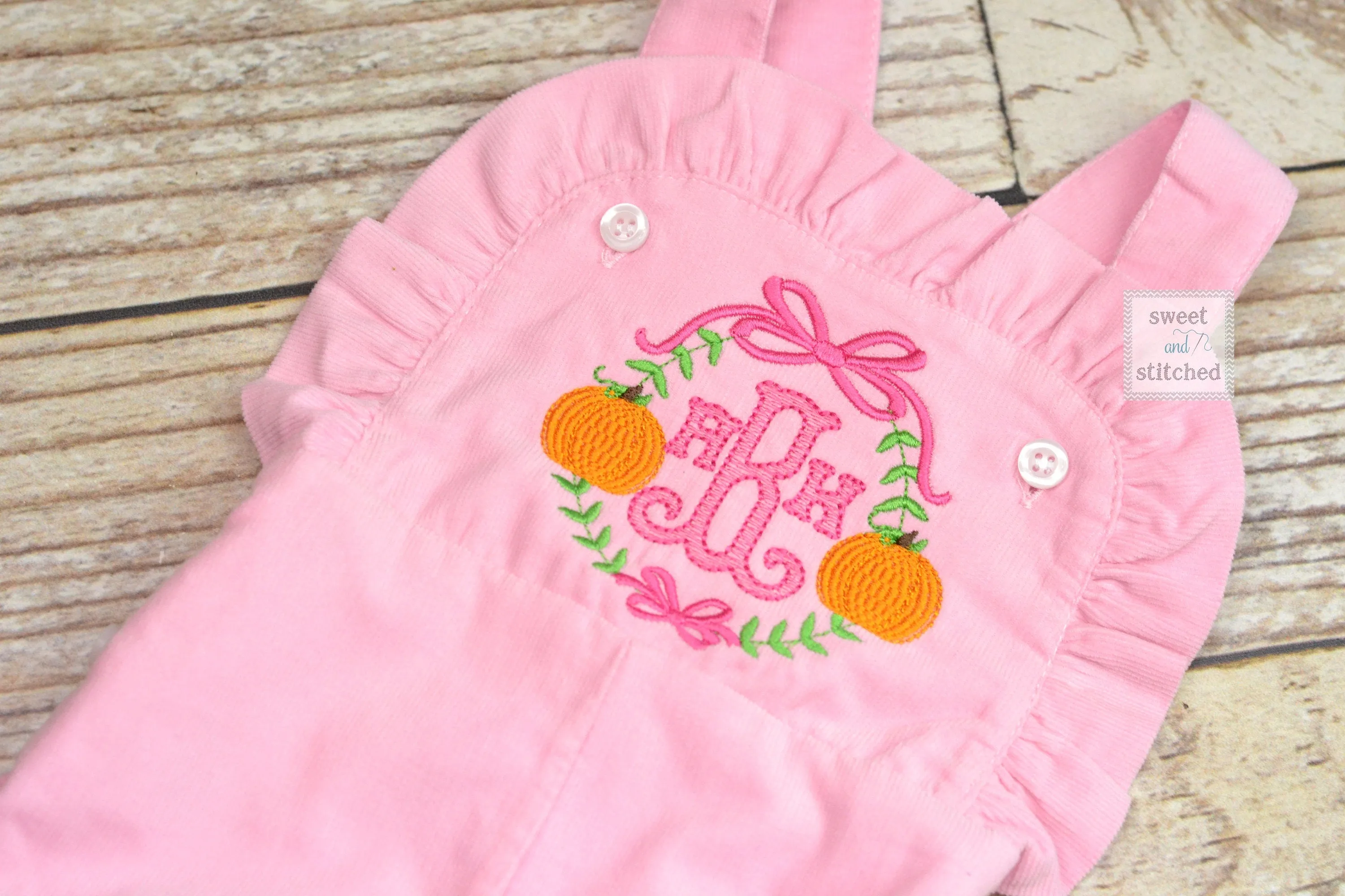 Baby girl monogrammed fall pumpkin overalls with sweet pumpkin monogram frame, monogrammed corduroy overalls, Pink Cord thanksgiving outfit