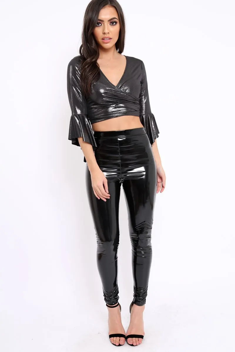 Black Metallic Plunge Bell Sleeve Crop Top - Merla