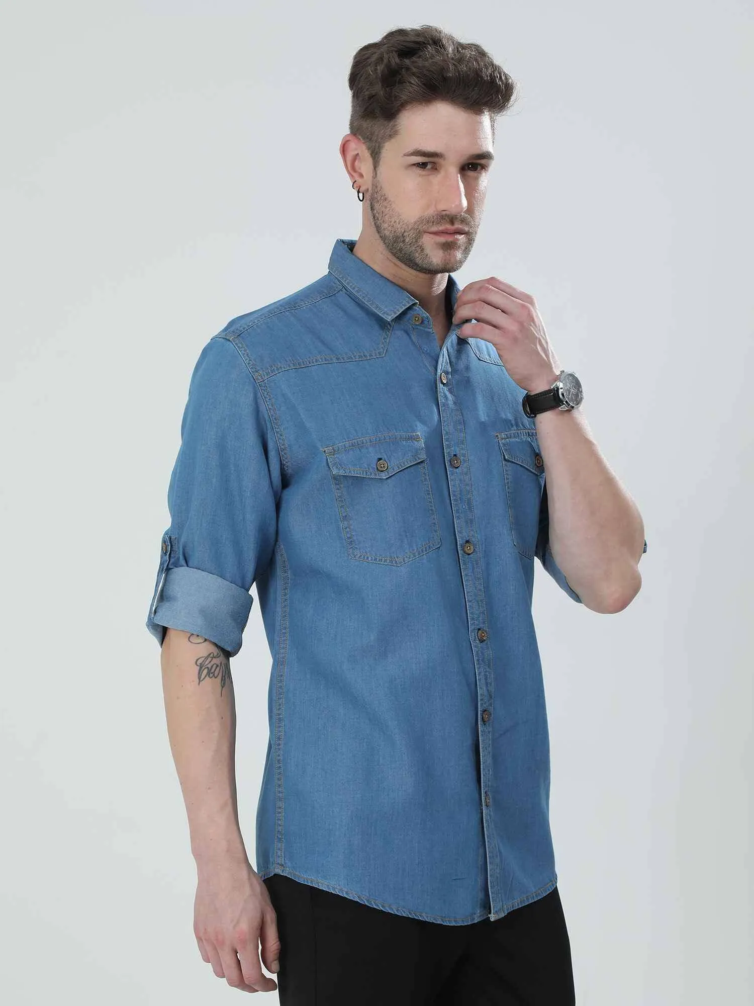 Blue Denim Double Pocket Full Sleeve Shirt