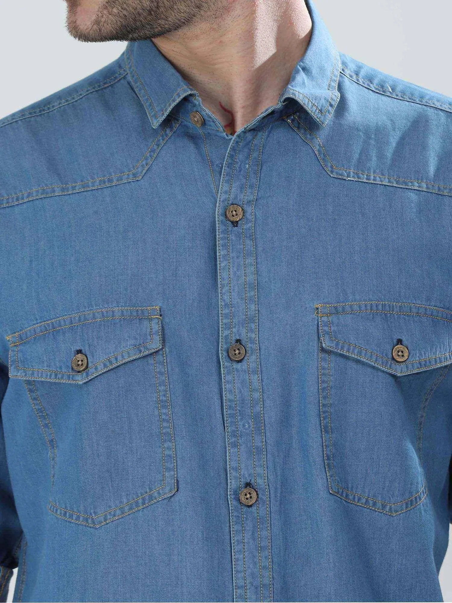 Blue Denim Double Pocket Full Sleeve Shirt