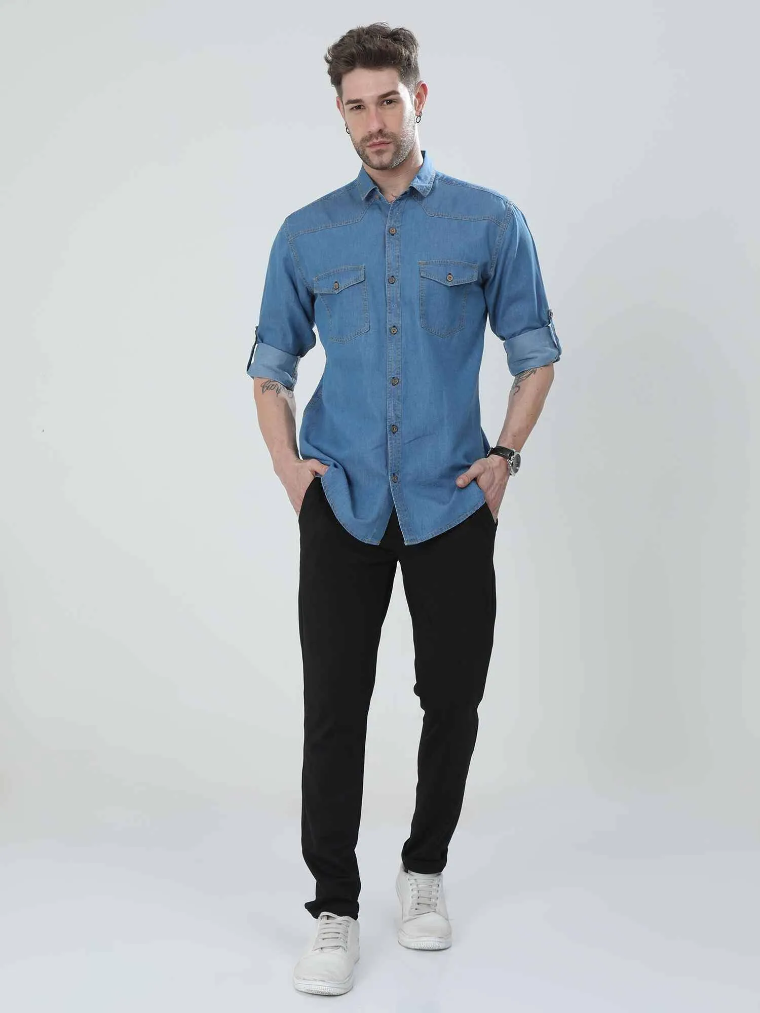 Blue Denim Double Pocket Full Sleeve Shirt