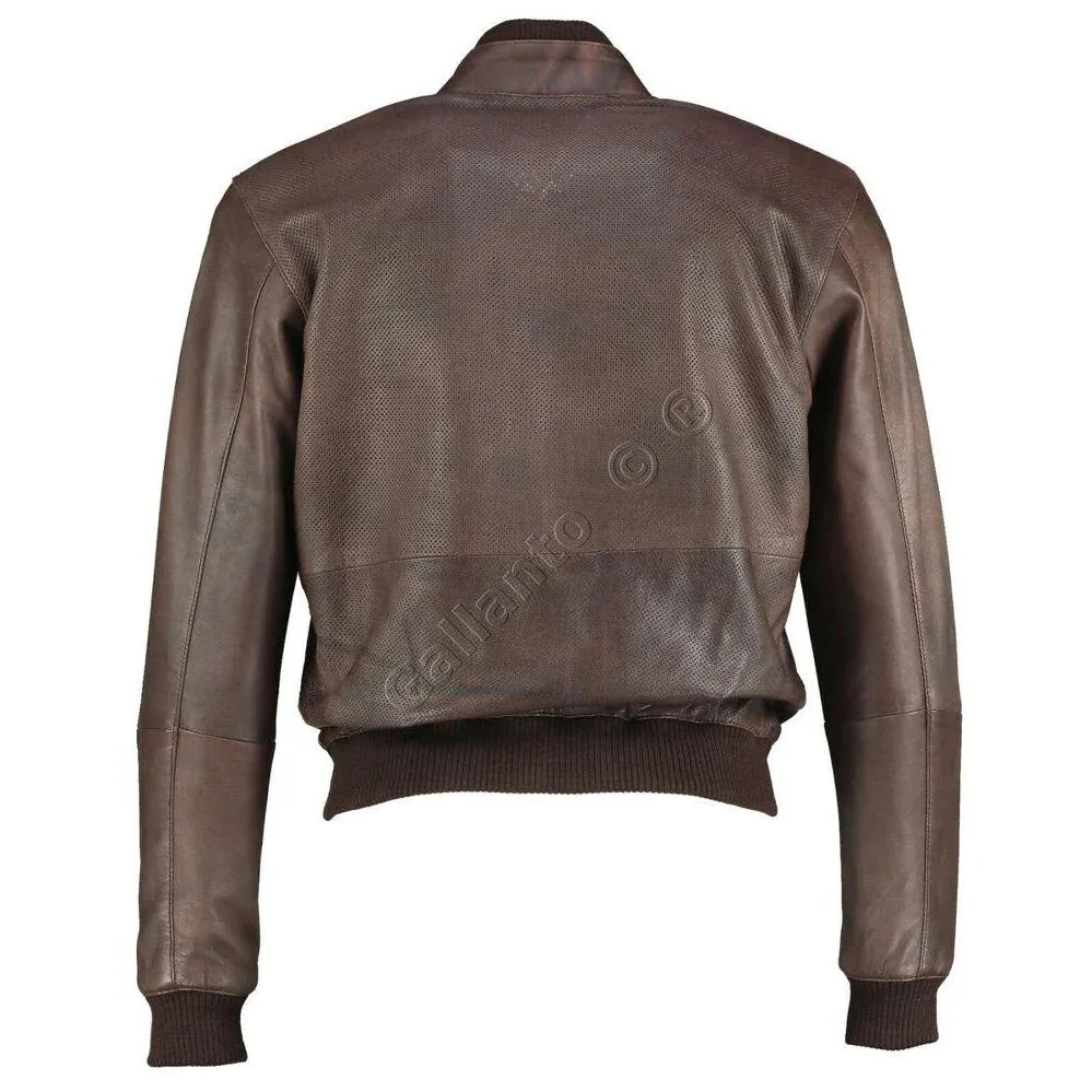 Brown Bomber Vintage Perforated  Motorcycle Leather Jacket