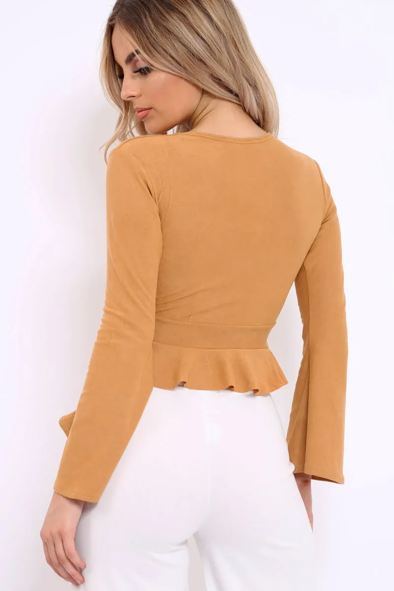 Camel Plunge Flare Sleeve Crop Top with Frill Hem - Masie