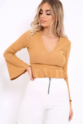 Camel Plunge Flare Sleeve Crop Top with Frill Hem - Masie