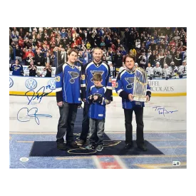 Carpenter / Freese / La Russa Triple Autographed Blues Puck Drop 16x20 Photo - JSA & MLB COA