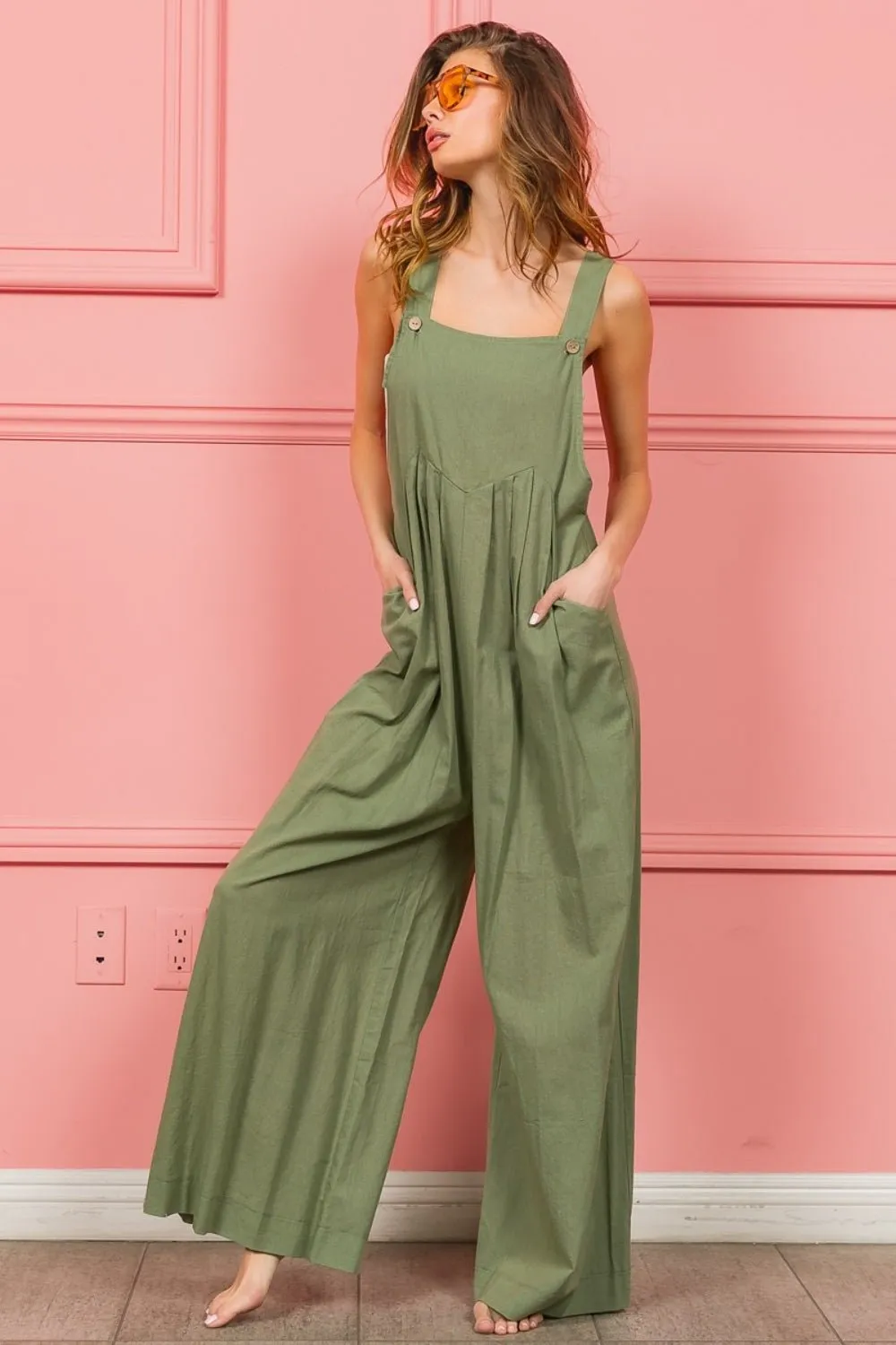 Cotton & Linen Wide Leg Overalls in Dust Sage