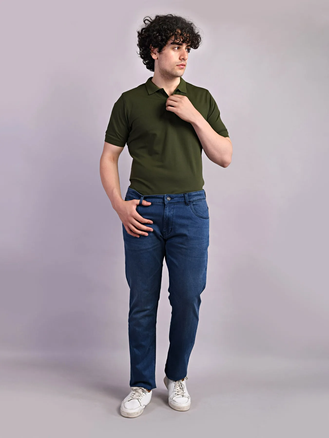 Cotton Stretch Indigo Plain Straight Fit Flat Front Casual Jeans