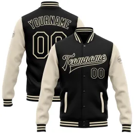 Custom Black Black-Cream Bomber Full-Snap Varsity Letterman Two Tone Jacket