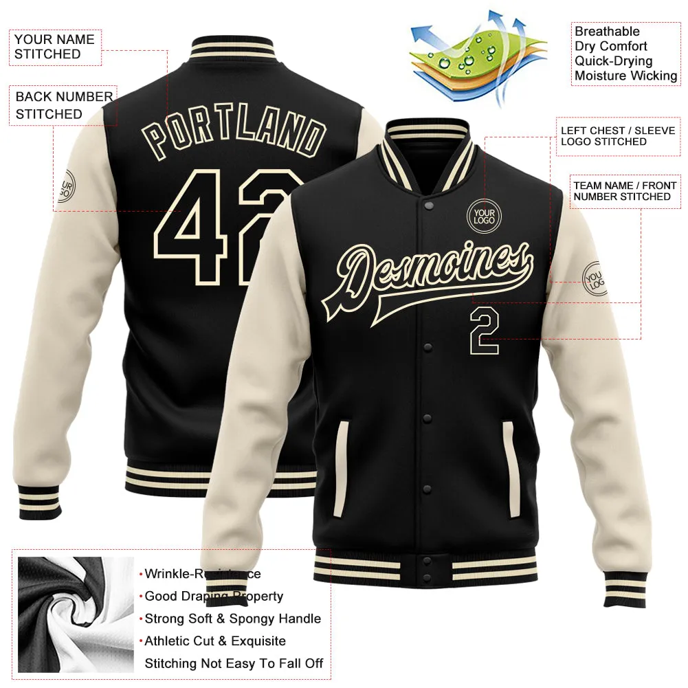 Custom Black Black-Cream Bomber Full-Snap Varsity Letterman Two Tone Jacket