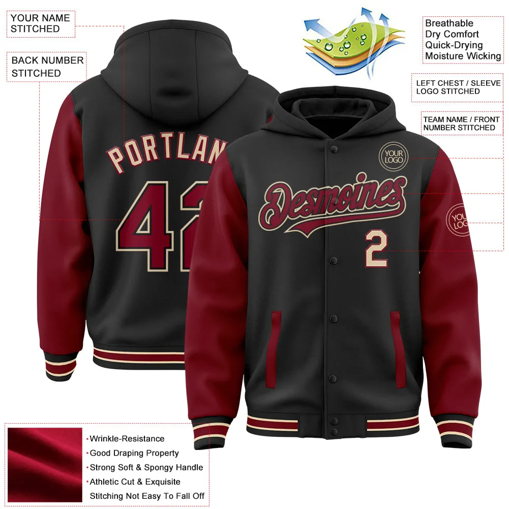 Custom Black Crimson-City Cream Bomber Full-Snap Varsity Letterman Two Tone Hoodie Jacket