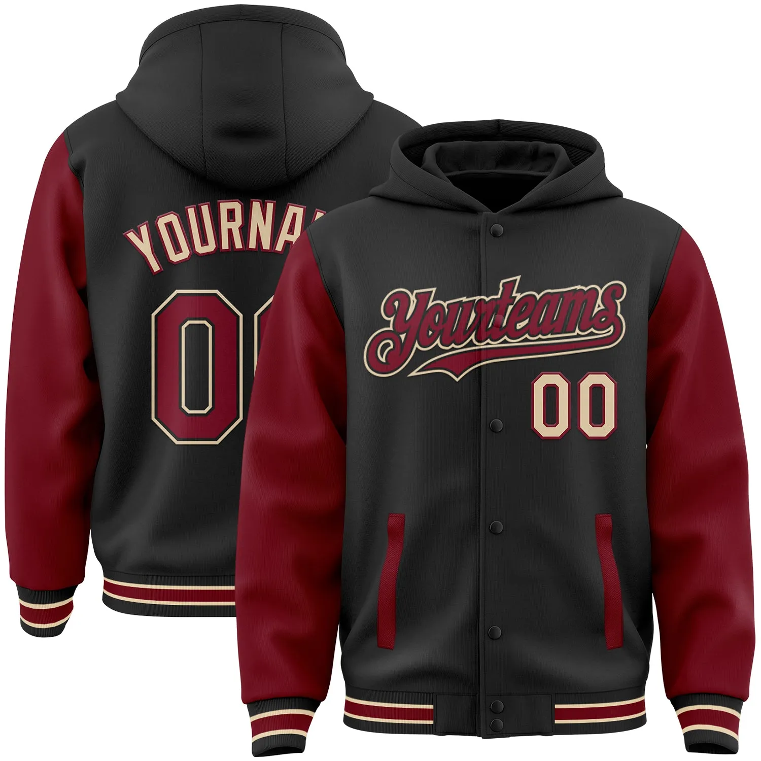 Custom Black Crimson-City Cream Bomber Full-Snap Varsity Letterman Two Tone Hoodie Jacket