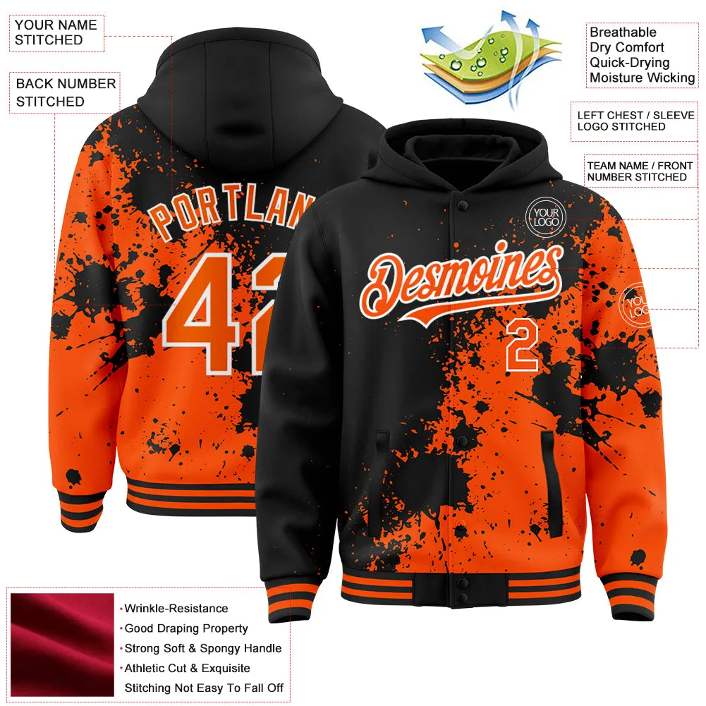 Custom Black Orange-White Abstract Splash Grunge Art 3D Pattern Design Bomber Full-Snap Varsity Letterman Hoodie Jacket