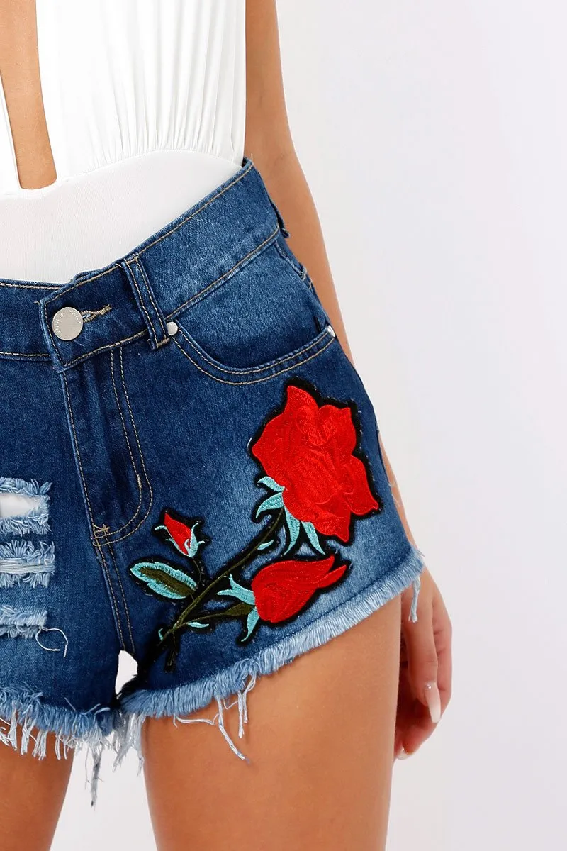 Dark Denim Frayed Ripped Applique Shorts - Rayleigh