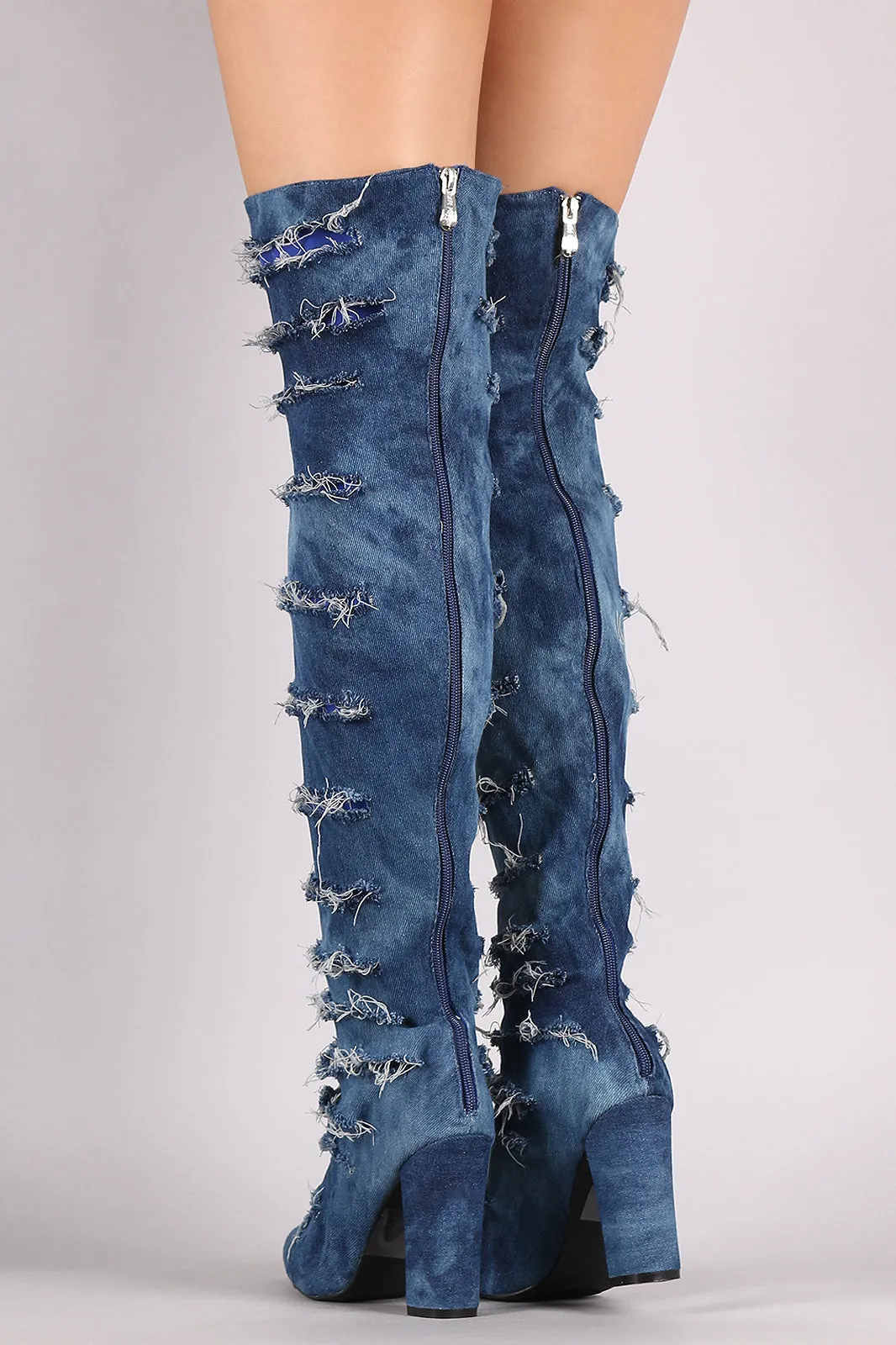 Distressed Denim Chunky Heeled Over-The-Knee Boots