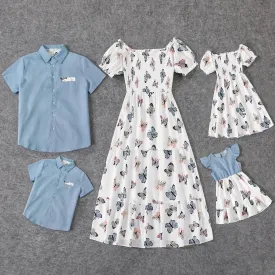 Family Matching Dress Denim Floral Ruffle V Neck Spaghetti Strap Midi Dresses Short-sleeve Shirts