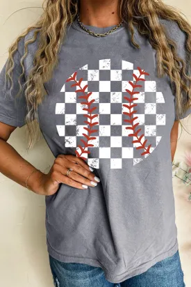 Gray Baseball Print Crew Neck Graphic Tee