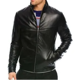 Handmade Men's Black Leather Bomber Jacket - Genuine Leather