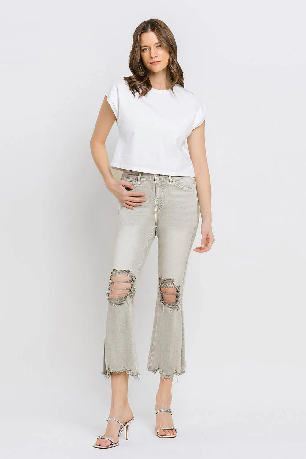 KESLEY Distressed Raw Hem Cropped Flare Jeans