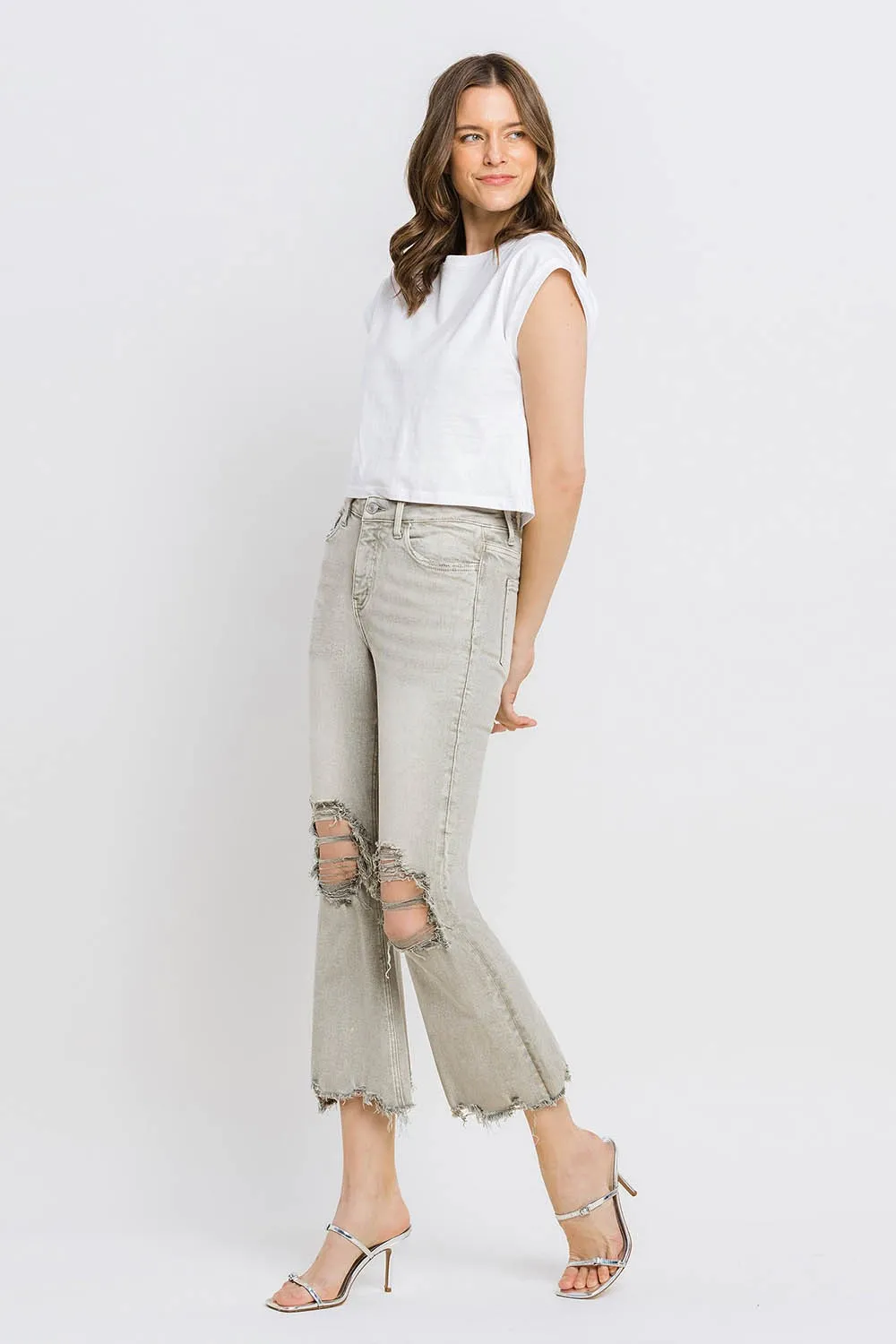 KESLEY Distressed Raw Hem Cropped Flare Jeans