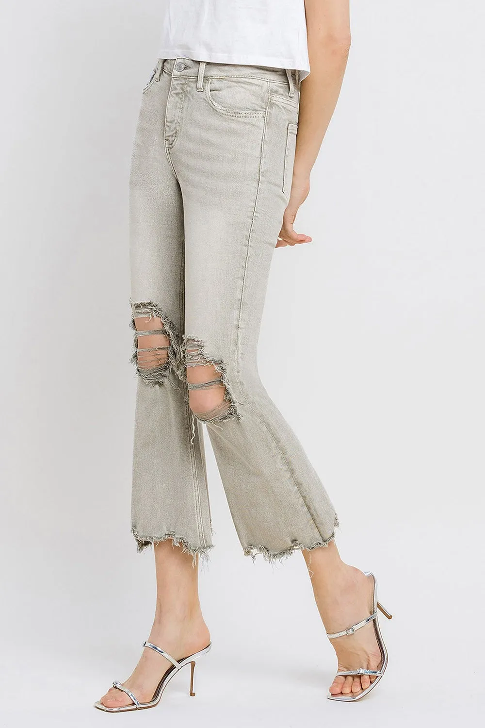 KESLEY Distressed Raw Hem Cropped Flare Jeans