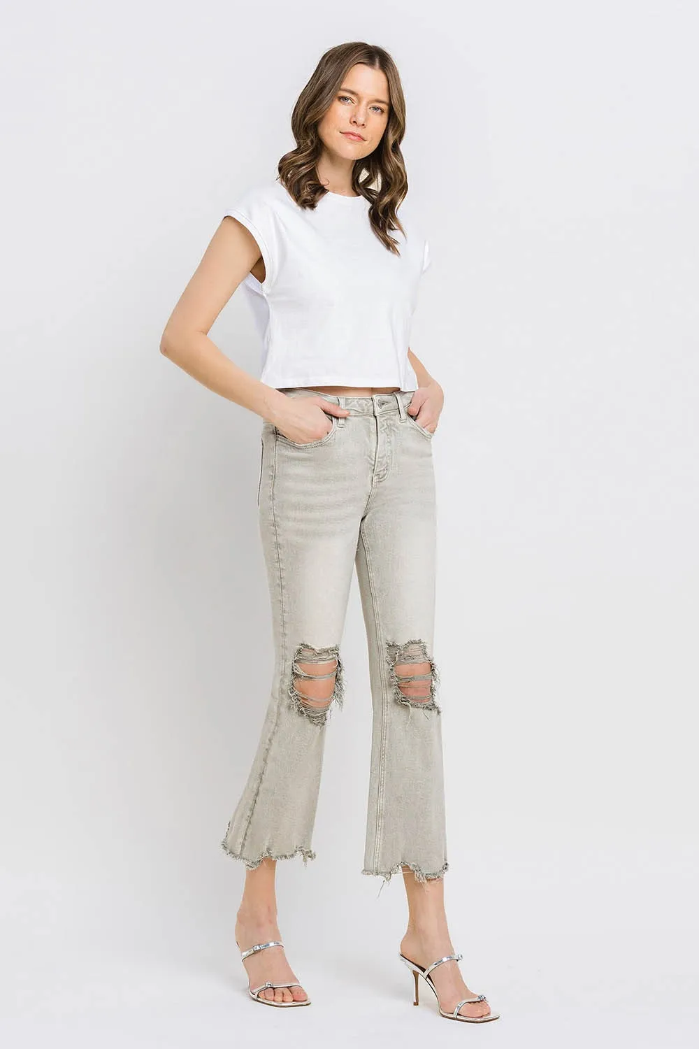 KESLEY Distressed Raw Hem Cropped Flare Jeans