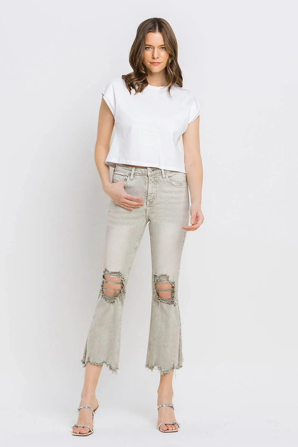 KESLEY Distressed Raw Hem Cropped Flare Jeans