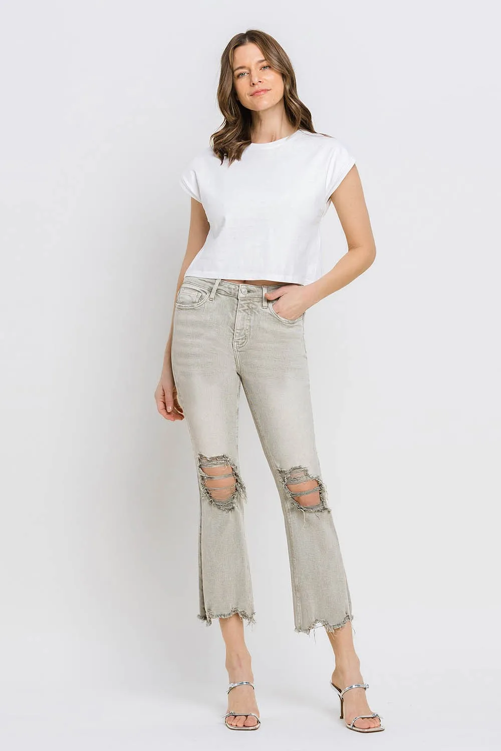 KESLEY Distressed Raw Hem Cropped Flare Jeans