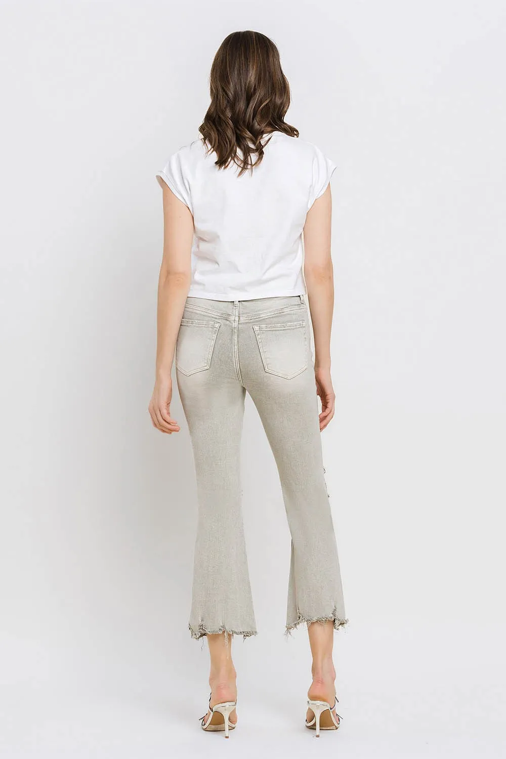 KESLEY Distressed Raw Hem Cropped Flare Jeans