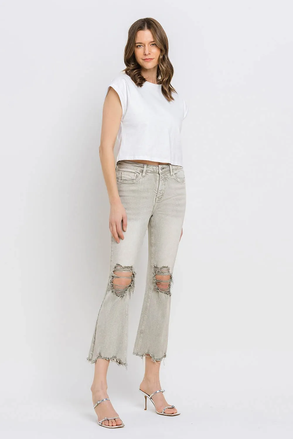 KESLEY Distressed Raw Hem Cropped Flare Jeans