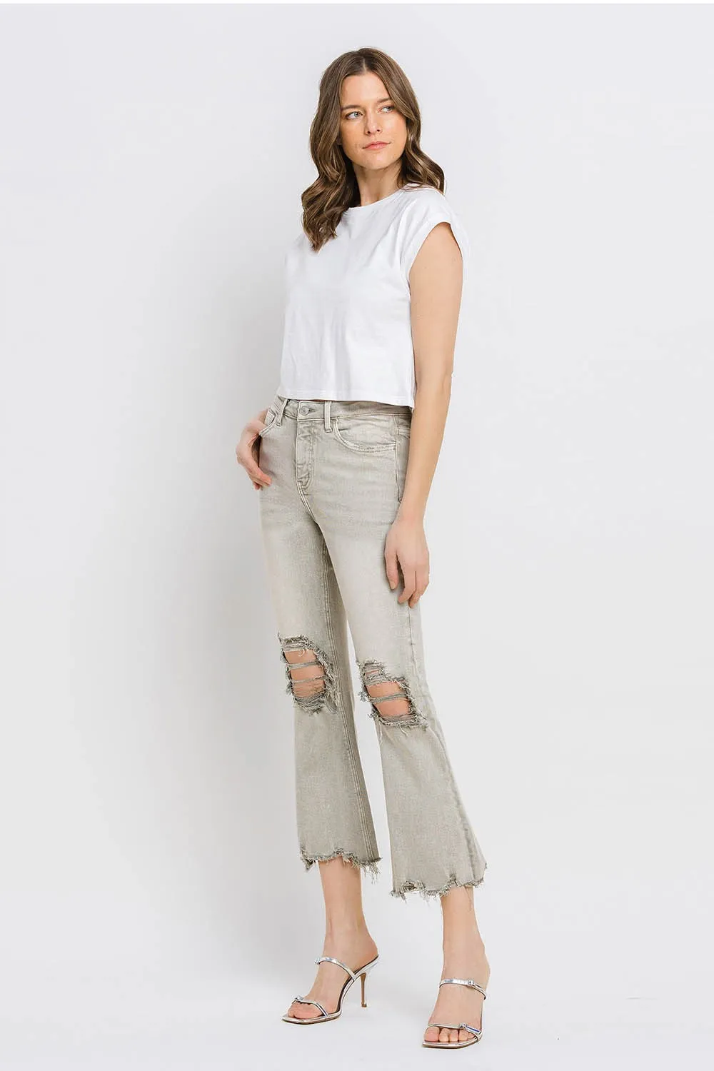 KESLEY Distressed Raw Hem Cropped Flare Jeans