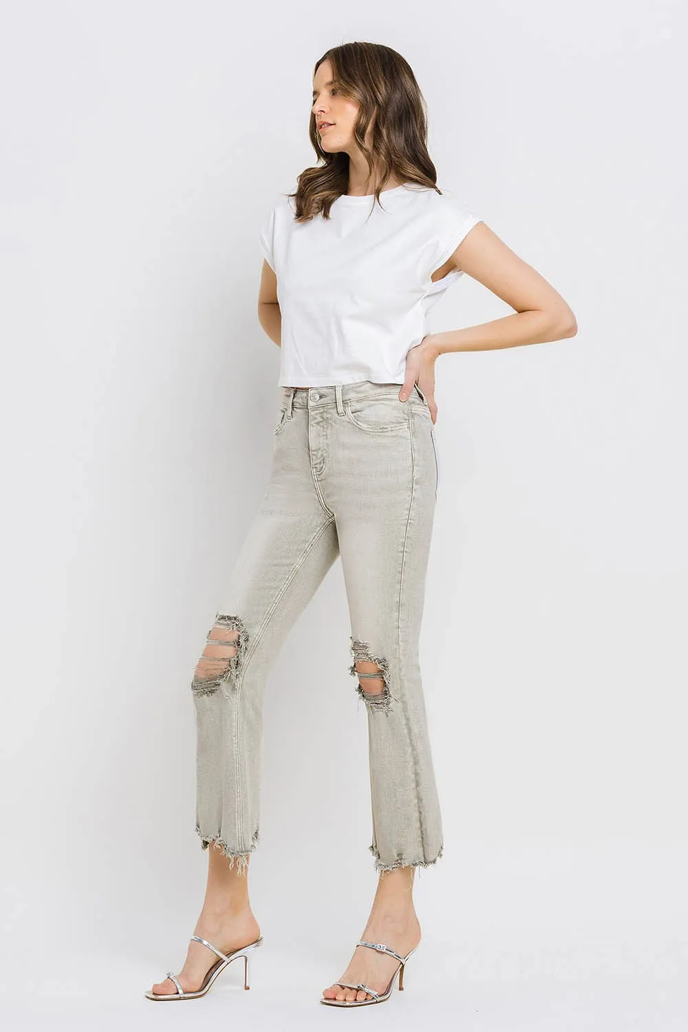 KESLEY Distressed Raw Hem Cropped Flare Jeans