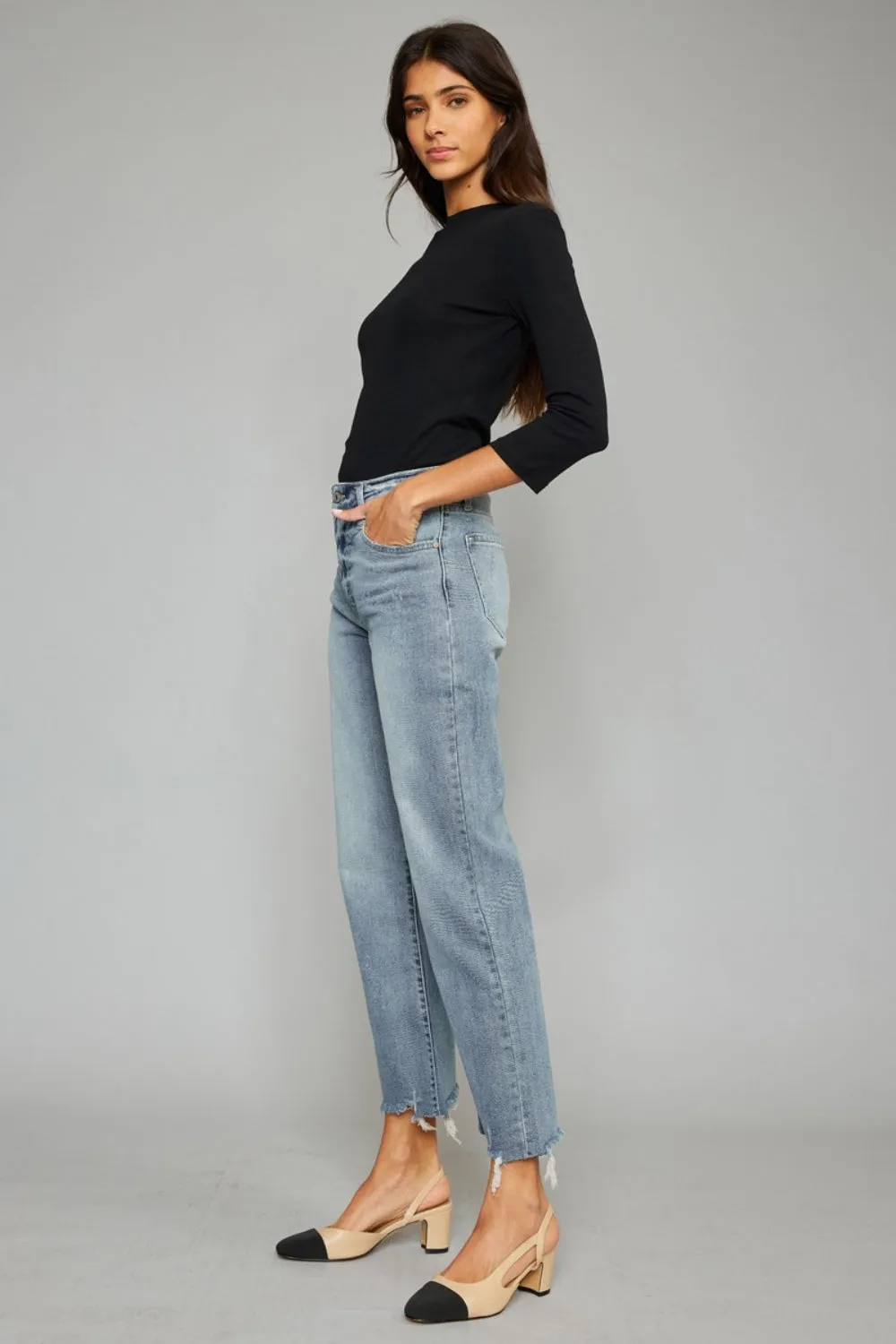 KESLEY High Waist Raw Hem Cropped Wide Leg Jeans Cotton Luxury Women's Bottoms