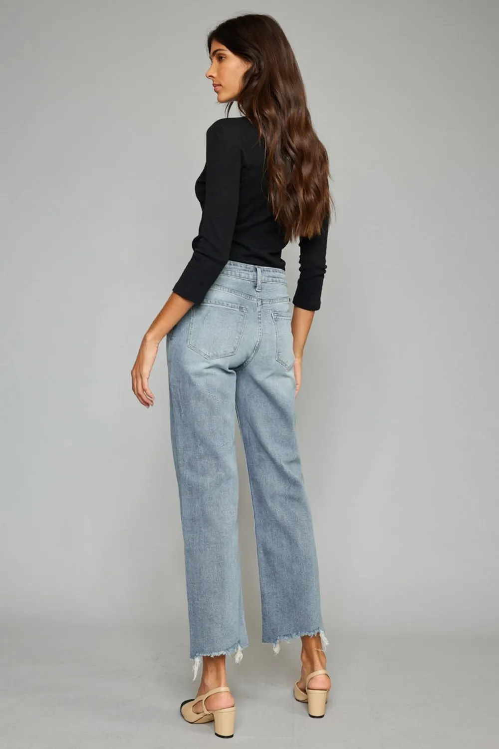 KESLEY High Waist Raw Hem Cropped Wide Leg Jeans Cotton Luxury Women's Bottoms