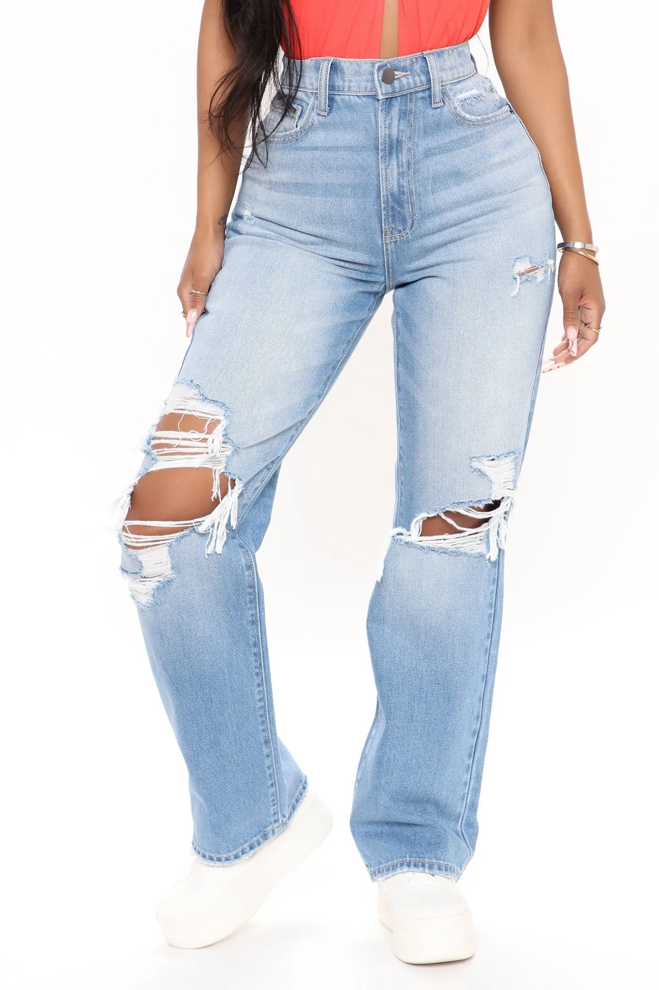 KittenAlarm - One And Only Ultra High Rise Ripped Boyfriend Jeans - Medium Blue Wash