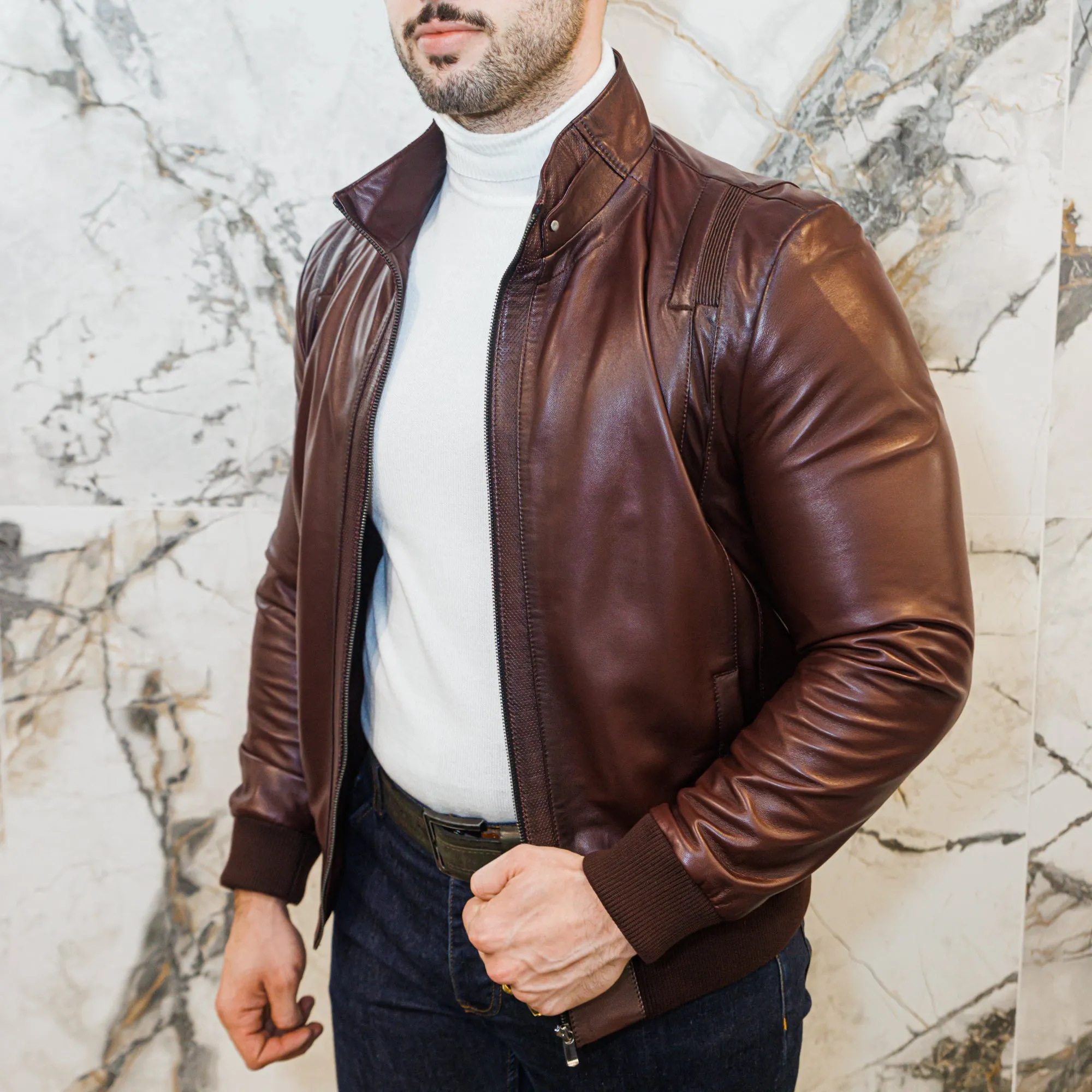 Lambskin Leather Biker Jacket - Burgundy