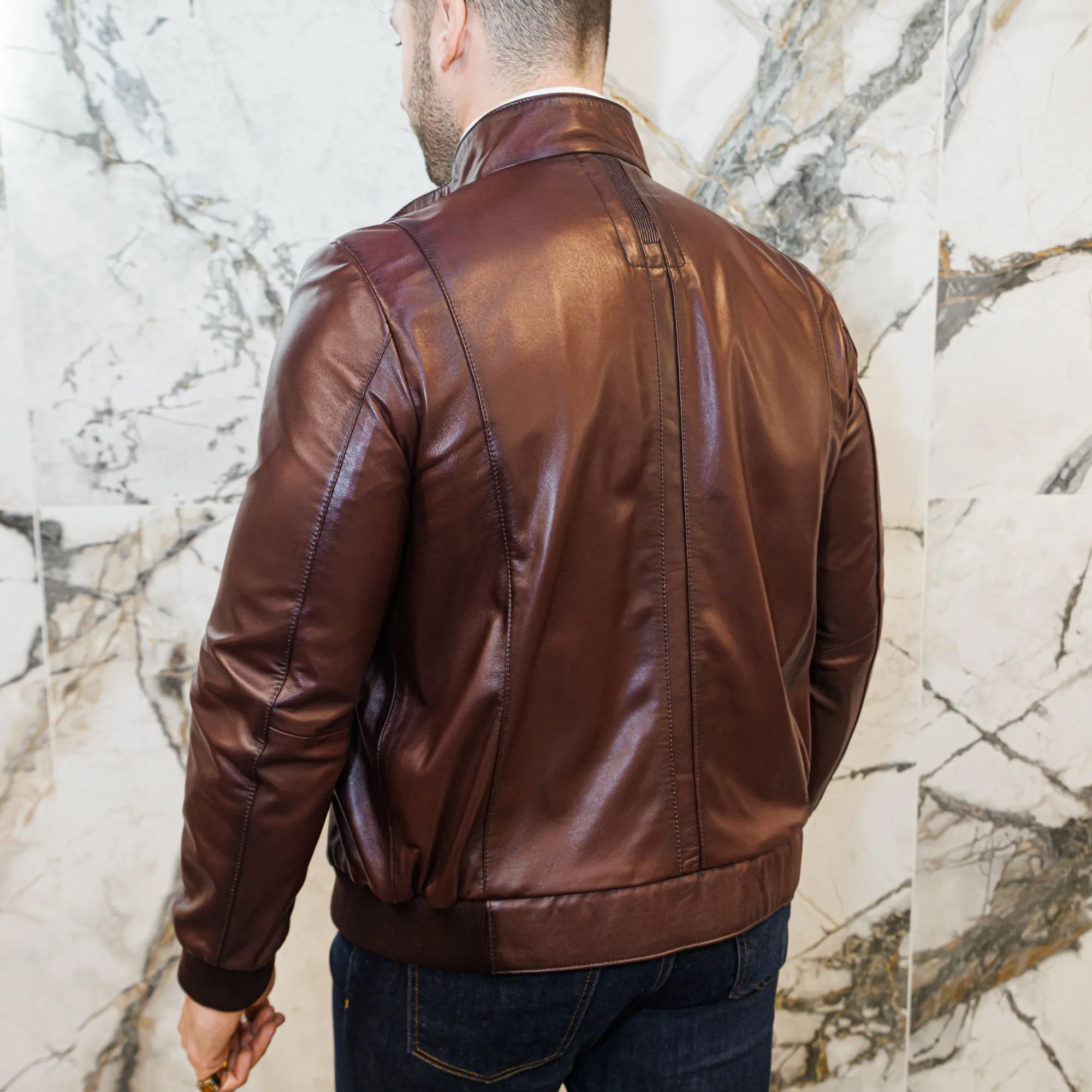 Lambskin Leather Biker Jacket - Burgundy