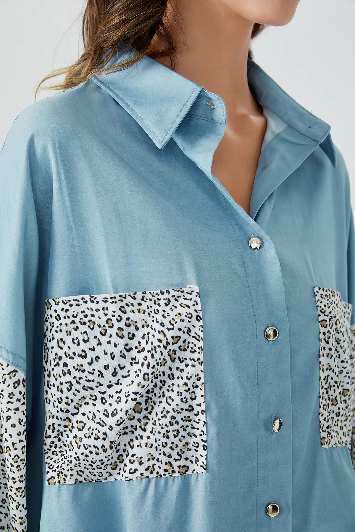 Leopard Print High Low Plicated Denim Shirt