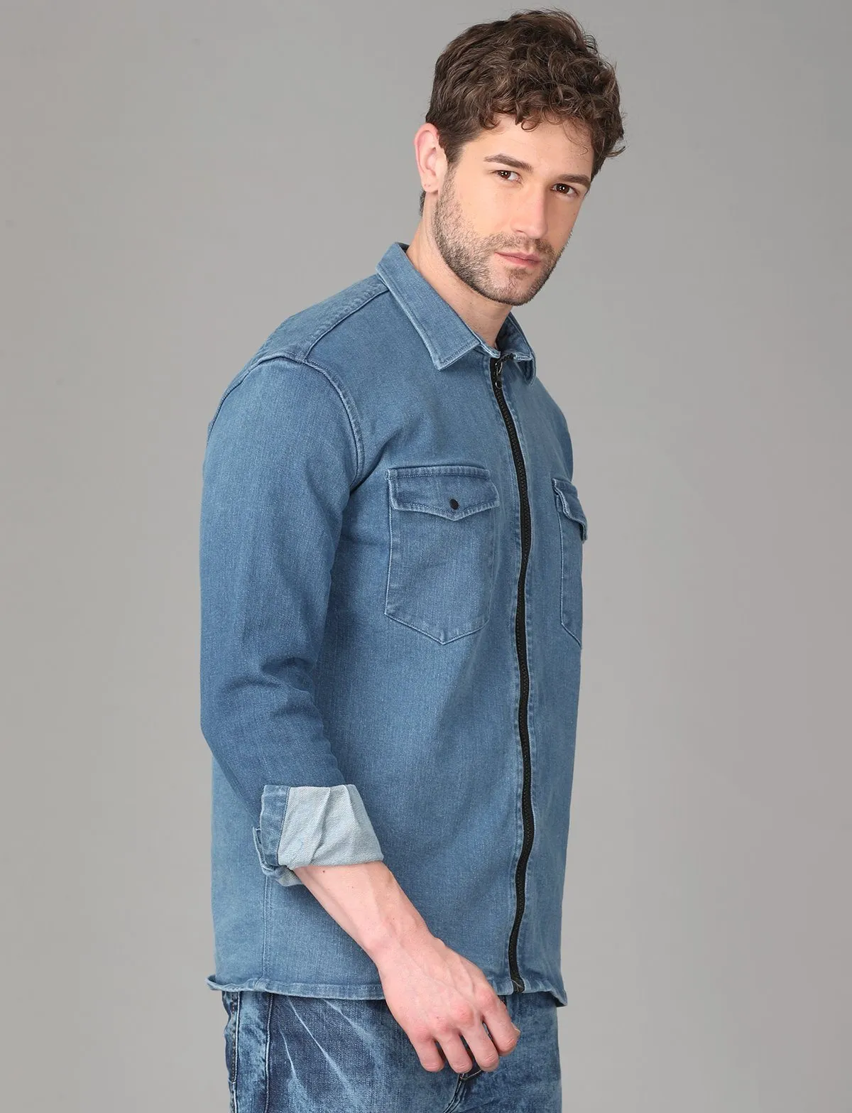 Light Blue Denim Zipper Jacket