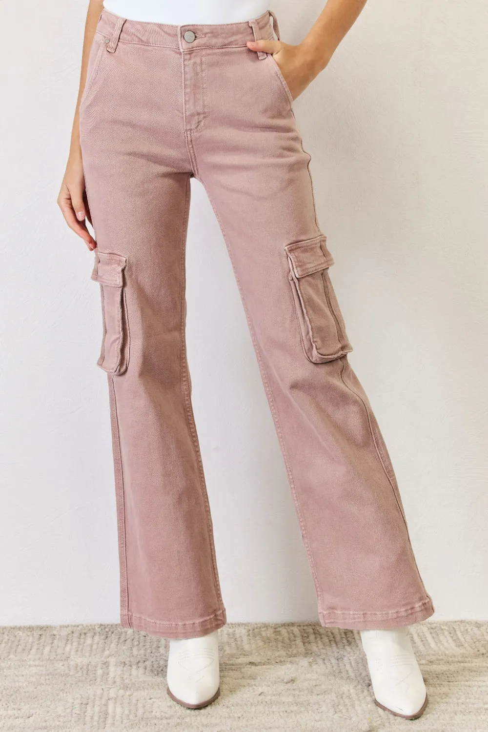 Light Pink High Rise Cargo Wide Leg Jeans Petite and Plus Size Luxury Cotton Premium Jeans