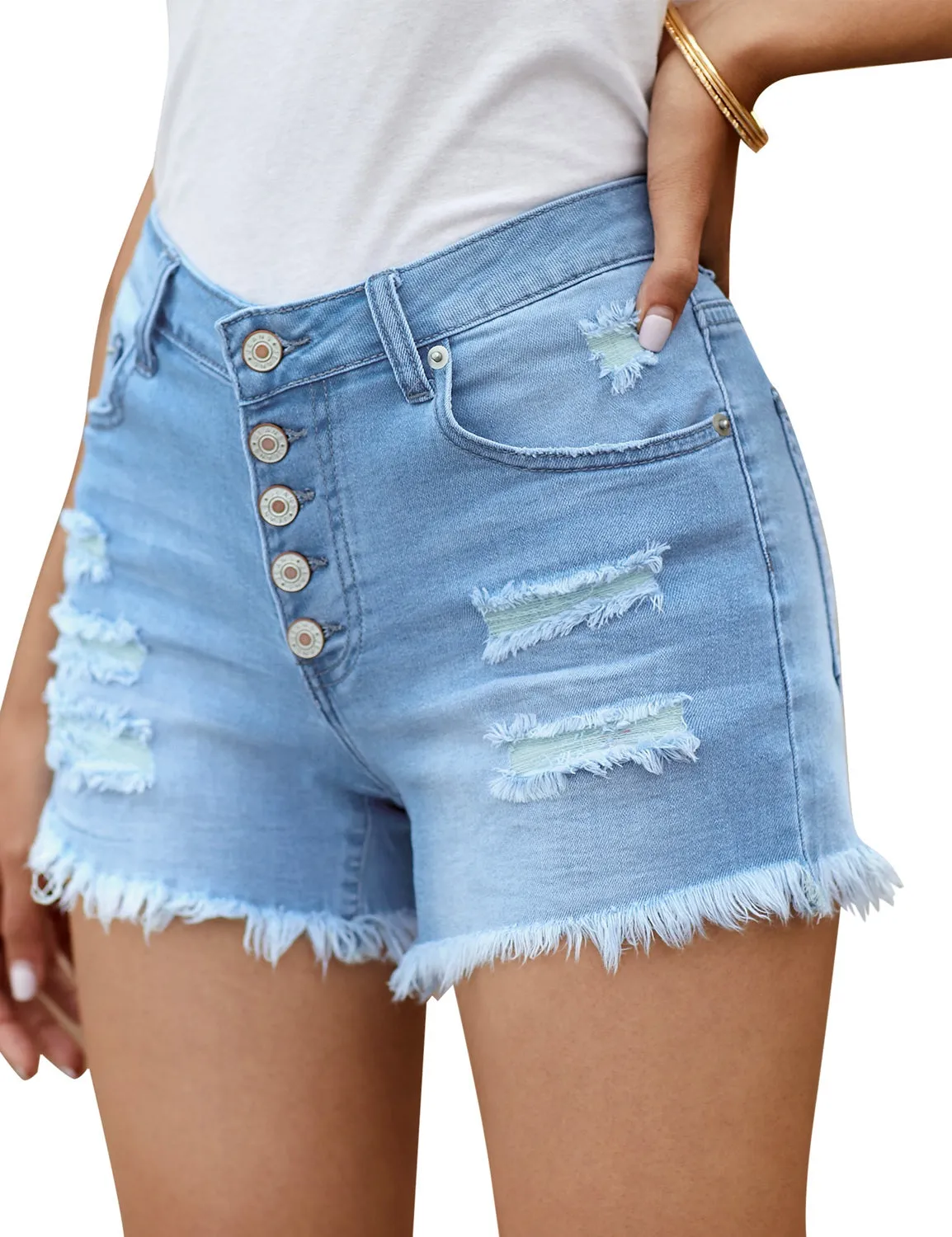 luvamia Women's Casual Ripped Denim Shorts Button Fly Frayed Raw Hem Jean Shorts