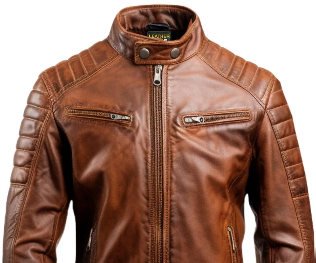 Men Brown Leather Biker Jacket - Genuine Leather Jacket