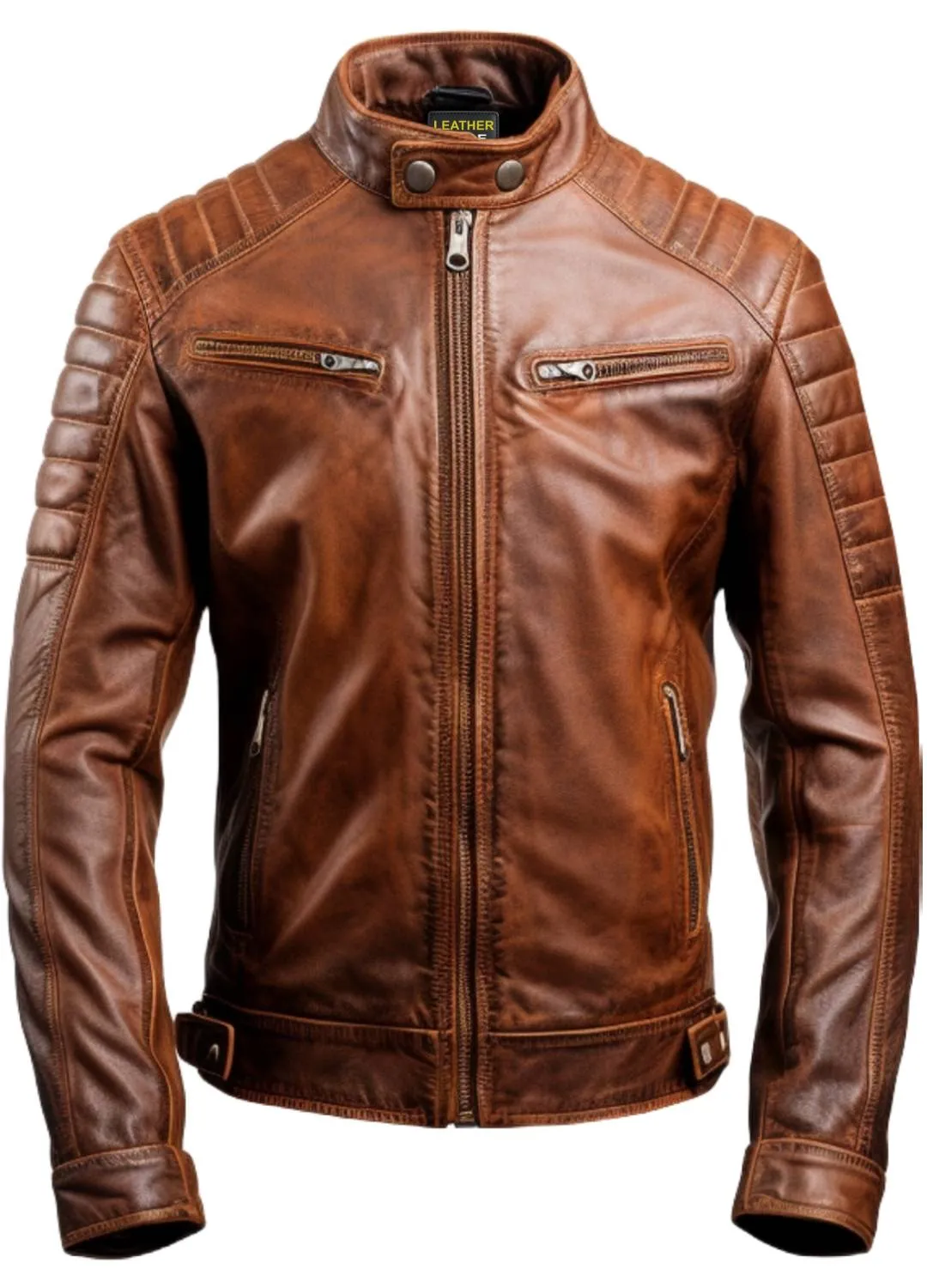 Men Brown Leather Biker Jacket - Genuine Leather Jacket