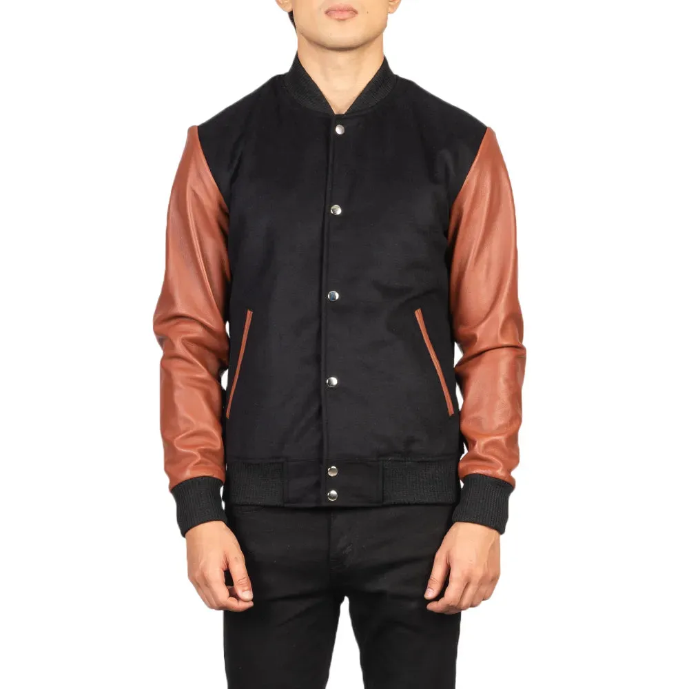 Mens Black And Brown Leather Varsity Jacket